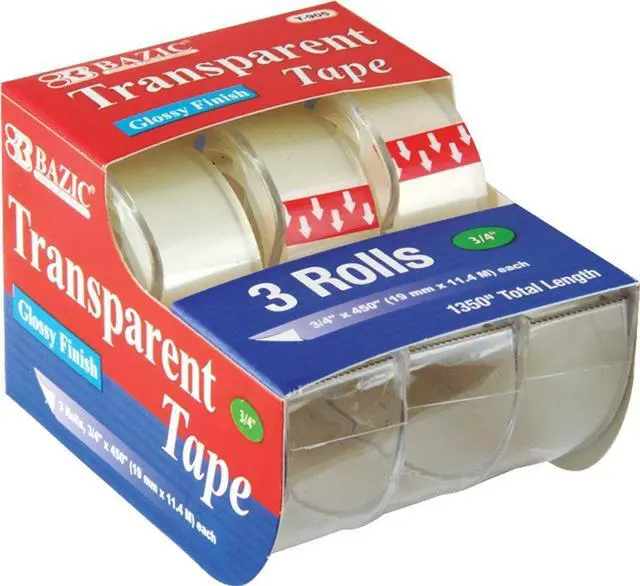 Main image of Bazic Transparent Tape, 0.75 x 500 Inches, 3 per Pack (Case of 144) (905-144) | rolls of 3/4 in x 500 in glossy transparent tape, each in its own reusable dispenser