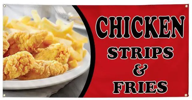 Main image of Vinyl Banner Multiple Sizes Chicken Strips & Fries Advertising Printing Restaurant & Food Outdoor Weatherproof Industrial Yard Signs Red 10 Grommets 60x144Inches