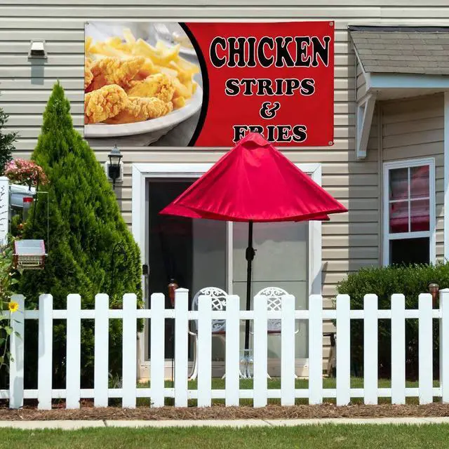Alt view image 3 of 6 - Vinyl Banner Multiple Sizes Chicken Strips & Fries Advertising Printing Restaurant & Food Outdoor Weatherproof Industrial Yard Signs Red 10 Grommets 60x144Inches