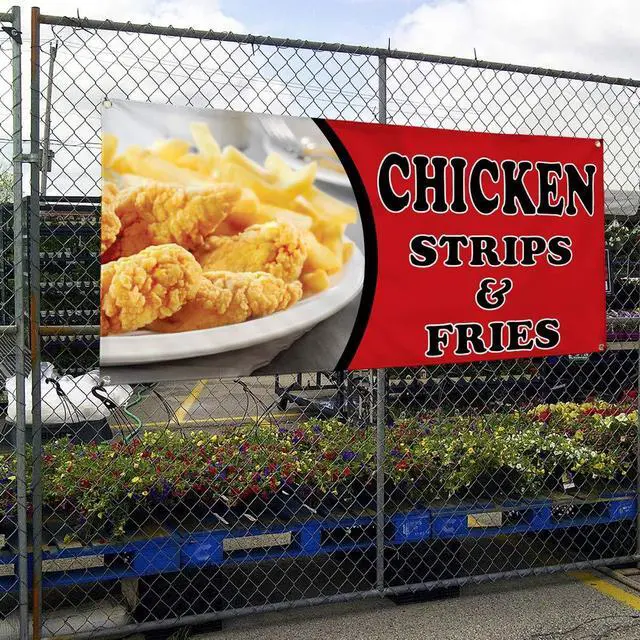 Alt view image 4 of 6 - Vinyl Banner Multiple Sizes Chicken Strips & Fries Advertising Printing Restaurant & Food Outdoor Weatherproof Industrial Yard Signs Red 10 Grommets 60x144Inches
