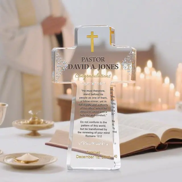 Alt view image 2 of 7 - Custom Crystal Cross Ordination Plaque Personalized Gift for Pastor, Priest, or Deacon with Engraved Name & Date (M - 9")