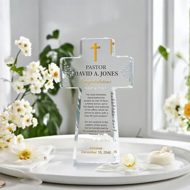 Alt view image 3 of 7 - Custom Crystal Cross Ordination Plaque Personalized Gift for Pastor, Priest, or Deacon with Engraved Name & Date (M - 9")