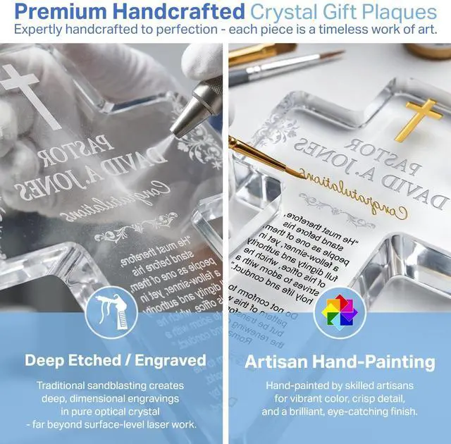 Alt view image 4 of 7 - Custom Crystal Cross Ordination Plaque Personalized Gift for Pastor, Priest, or Deacon with Engraved Name & Date (M - 9")