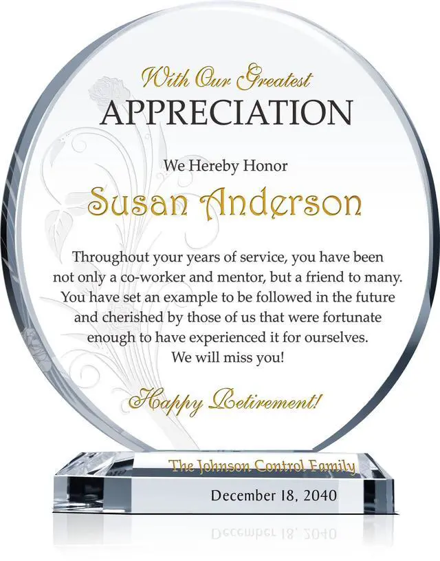 Main image of Custom Crystal Retirement Plaque Personalized Gift for Coworker, Colleague, or Employee (M - 6.5")