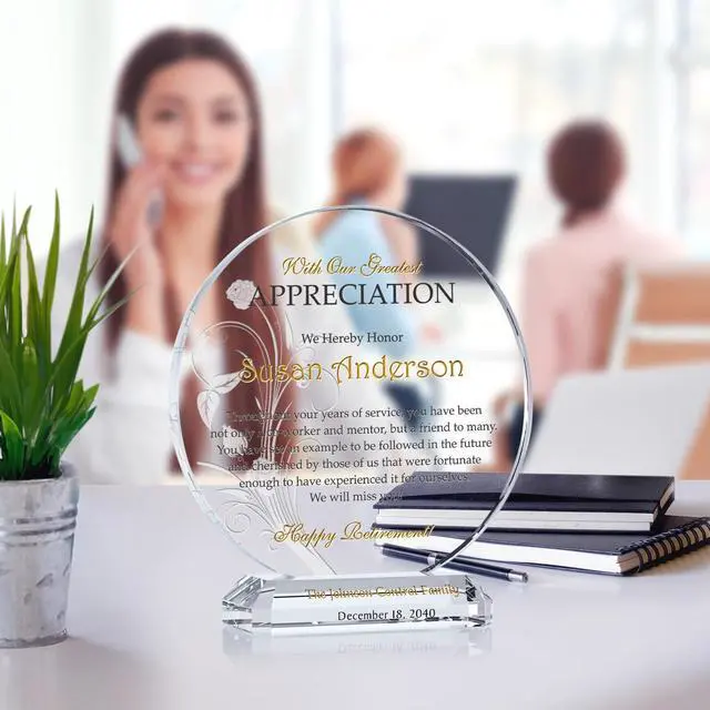 Alt view image 2 of 7 - Custom Crystal Retirement Plaque Personalized Gift for Coworker, Colleague, or Employee (M - 6.5")