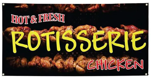 Main image of Vinyl Banner Multiple Sizes Hot & Fresh Rotisserie Chicken Restaurant & Food Outdoor Weatherproof Industrial Yard Signs Orange 10 Grommets 60x144Inches
