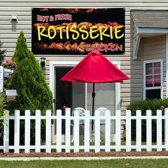 Alt view image 3 of 6 - Vinyl Banner Multiple Sizes Hot & Fresh Rotisserie Chicken Restaurant & Food Outdoor Weatherproof Industrial Yard Signs Orange 10 Grommets 60x144Inches