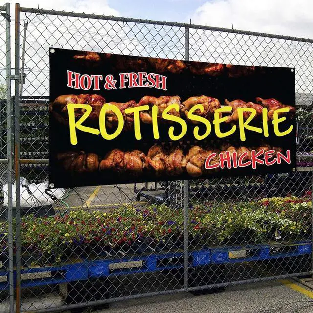 Alt view image 4 of 6 - Vinyl Banner Multiple Sizes Hot & Fresh Rotisserie Chicken Restaurant & Food Outdoor Weatherproof Industrial Yard Signs Orange 10 Grommets 60x144Inches