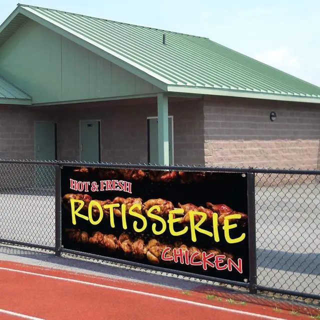 Alt view image 5 of 6 - Vinyl Banner Multiple Sizes Hot & Fresh Rotisserie Chicken Restaurant & Food Outdoor Weatherproof Industrial Yard Signs Orange 10 Grommets 60x144Inches