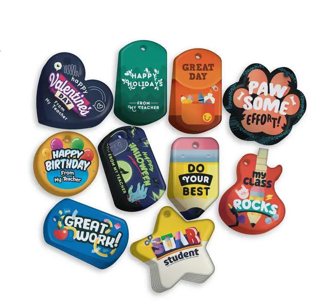 Main image of Celebrate Holidays School Classroom Management Brag Tags Value Pack: 500 Tags (50 Tags for Each Shape) + 150 USA-Made, Hypoallergenic Aluminum Safety Chains
