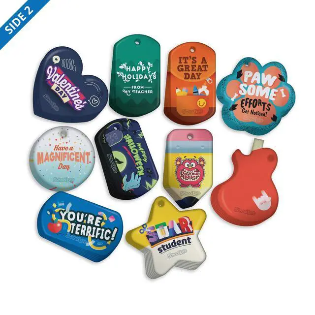 Alt view image 2 of 4 - Celebrate Holidays School Classroom Management Brag Tags Value Pack: 500 Tags (50 Tags for Each Shape) + 150 USA-Made, Hypoallergenic Aluminum Safety Chains