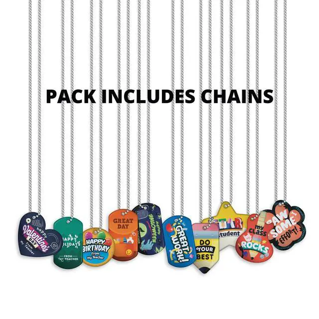 Alt view image 3 of 4 - Celebrate Holidays School Classroom Management Brag Tags Value Pack: 500 Tags (50 Tags for Each Shape) + 150 USA-Made, Hypoallergenic Aluminum Safety Chains
