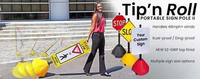 Alt view image 4 of 5 - Tip-n-Roll XL Portable Pole3 Sign Holder with Pole, 24" Wheeled Base 16" tall Sign | Yellow base, 72 Pole (XL-PP3-72-Y)