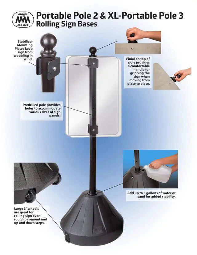 Alt view image 3 of 5 - Tip-n-Roll XL Portable Pole3 Sign Holder with Pole, 24" Wheeled Base 16" tall Sign | Yellow base, 72 Pole (XL-PP3-72-Y)