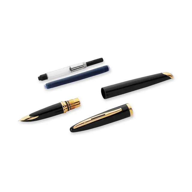 Alt view image 4 of 7 - Carène Black Sea Fountain Pen | High-Gloss Black & 23k Gold Clip | Fine Nib with Blue Ink Cartridge | Gift Box