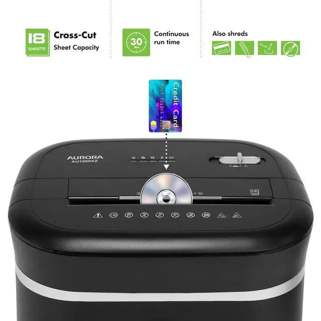 Alt view image 2 of 7 - Long Duty Cycle 18-Sheet Crosscut Paper/CD/Credit Card Shredder, AntiJam Feature, 30-Minute Continuous Run Time, Large 6-gal Pullout Basket