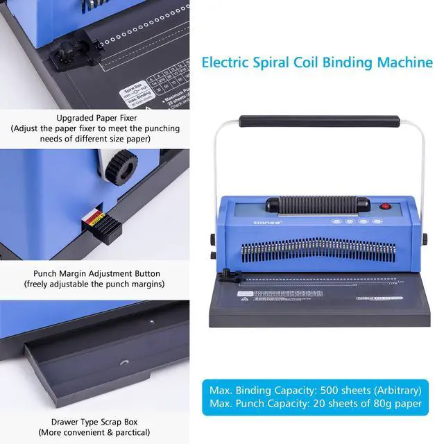 Alt view image 5 of 7 - Spiral Coil Binding Machine, Manual Book Maker Punch Binder with Electric Coil Inserter, Disengaging pins, Adjustable Side Margin, Comes with 100pcs 5/16'' Plastic Coil Binding Spines & Plier