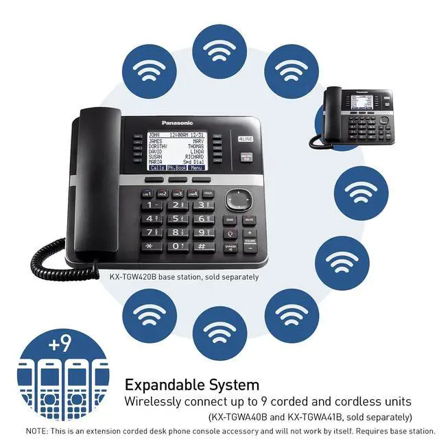 Alt view image 3 of 7 - Office Phone, Corded Extension Desk Phone Accessory to Connect Wirelessly to Expandable Base Station - KX-TGWA40B (Black)