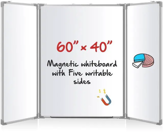 Main image of 60 x 40 Foldable Whiteboard Dry Erase Board Large Tri Folding Whiteboard Magnetic Dry Erase Board, Wall Aluminium Frame and Flip Out Pen Tray for Office, Home