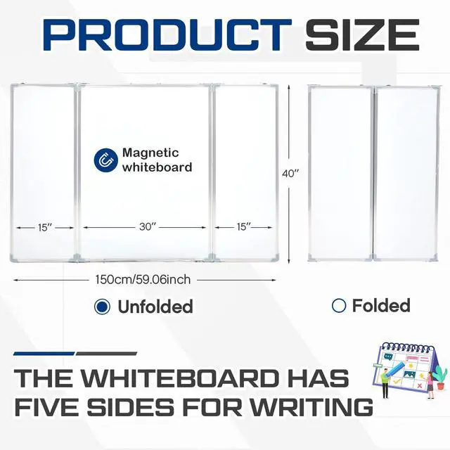 Alt view image 2 of 6 - 60 x 40 Foldable Whiteboard Dry Erase Board Large Tri Folding Whiteboard Magnetic Dry Erase Board, Wall Aluminium Frame and Flip Out Pen Tray for Office, Home