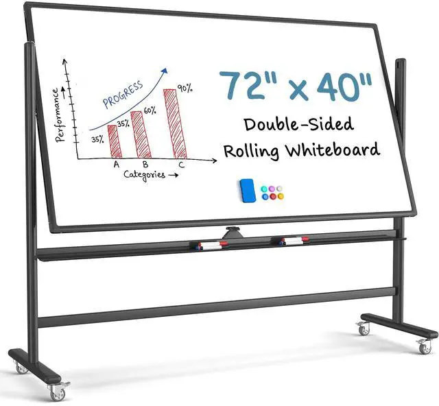 Main image of Large Rolling Whiteboard, 72'' x 40'' Mobile White Board on Wheels | Double-Sided Magnetic Dry Erase Board with Stand, Adjustable Height Whiteboard for Home, School & Office, Black