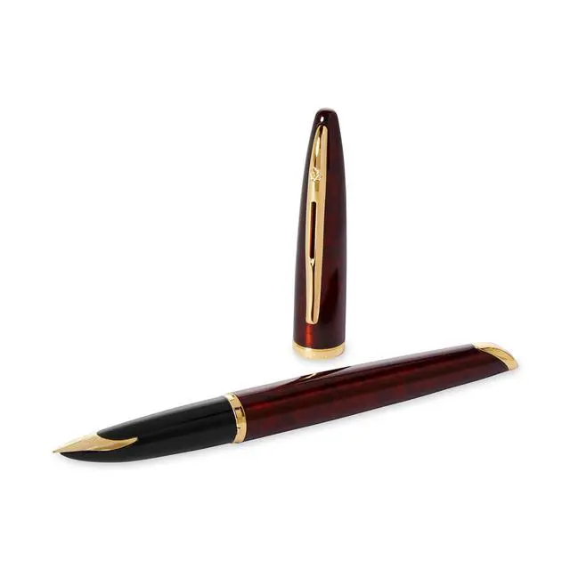 Alt view image 2 of 7 - Carène Marine Amber Fountain Pen | Gloss Brown & Black with 23k Gold Clip | Medium Nib with Blue Ink Cartridge | Gift Box