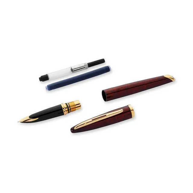 Alt view image 4 of 7 - Carène Marine Amber Fountain Pen | Gloss Brown & Black with 23k Gold Clip | Medium Nib with Blue Ink Cartridge | Gift Box