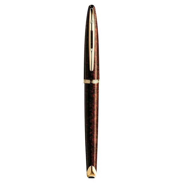 Alt view image 5 of 7 - Carène Marine Amber Fountain Pen | Gloss Brown & Black with 23k Gold Clip | Medium Nib with Blue Ink Cartridge | Gift Box