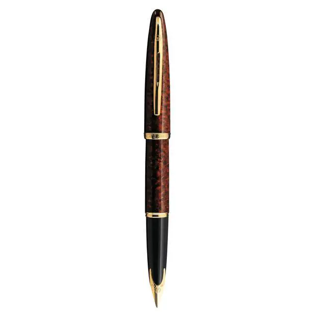 Alt view image 6 of 7 - Carène Marine Amber Fountain Pen | Gloss Brown & Black with 23k Gold Clip | Medium Nib with Blue Ink Cartridge | Gift Box