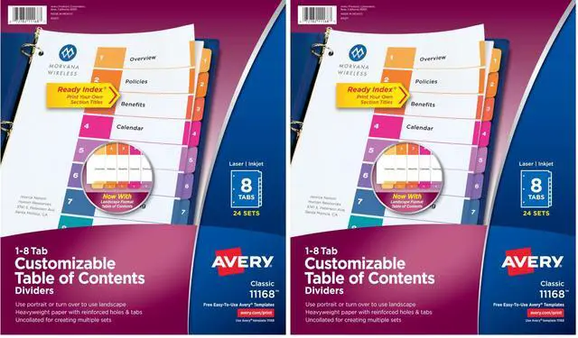 Main image of Dividers for 3 Ring Binders, 8 Tabs per Set, Customizable Table of-Contents, Multicolor Tabs, Great for Organizing High-Volume Reports, Projects, and More (24 Sets of 11168), (Pack of 2)