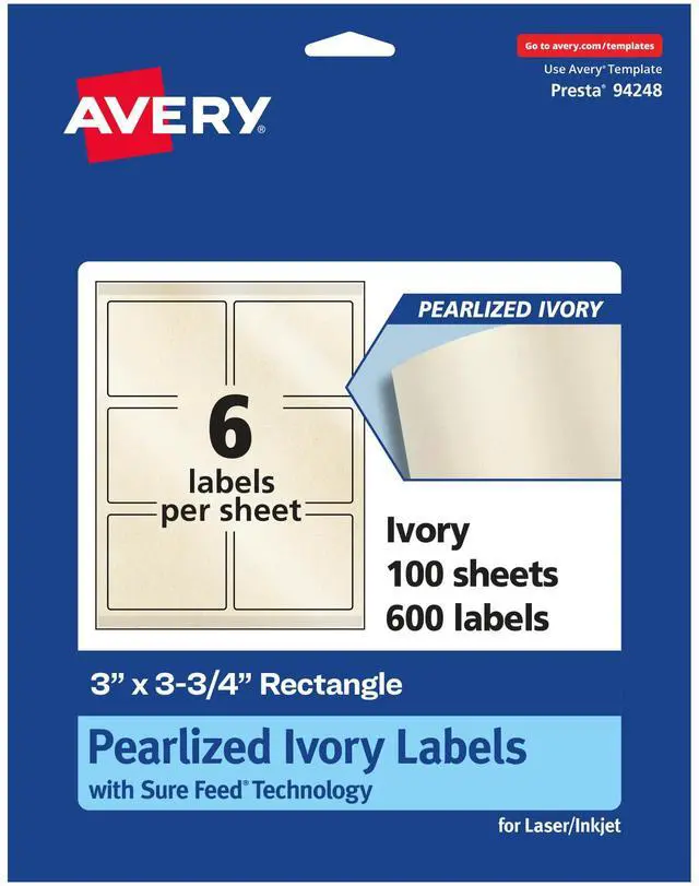 Main image of Pearlized Ivory Rectangle Labels, Sure Feed Technology, Print-to-The-Edge, 3" x 3.75", 600 Pearlized Ivory Labels, Laser/Inkjet Printable