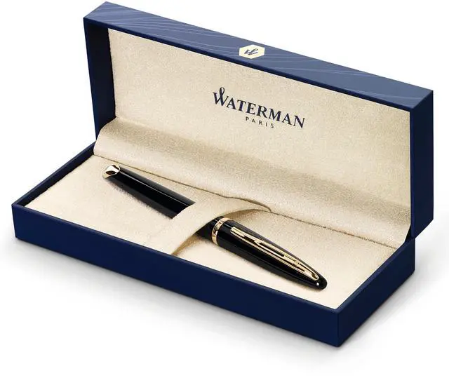 Main image of Carène Black Sea Fountain Pen High-Gloss Black & 23k Gold Clip Medium Nib with Blue Ink Cartridge Gift Box
