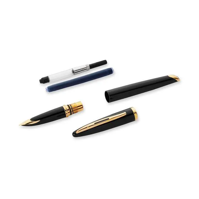 Alt view image 7 of 7 - Carène Black Sea Fountain Pen High-Gloss Black & 23k Gold Clip Medium Nib with Blue Ink Cartridge Gift Box