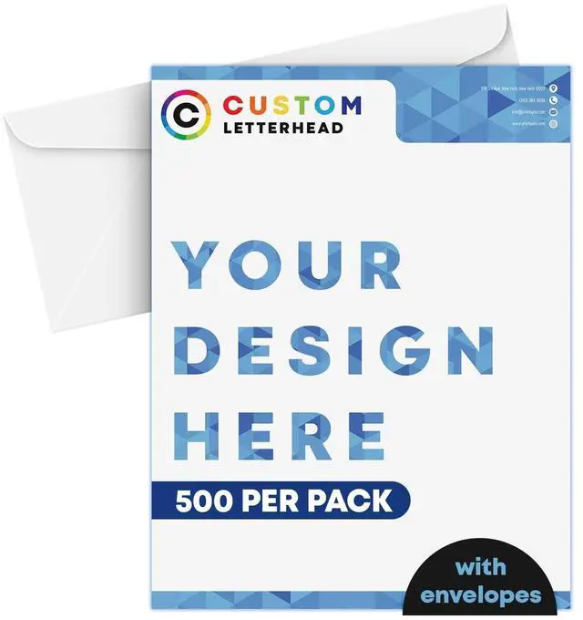 Main image of 8.5 x 11 Custom Printed Letterhead, Full Color Professional Quality Printing Upload Your Design and Add Your Texts, Logos and Graphics Customizable Paper with Plain Envelopes 500 per Pack