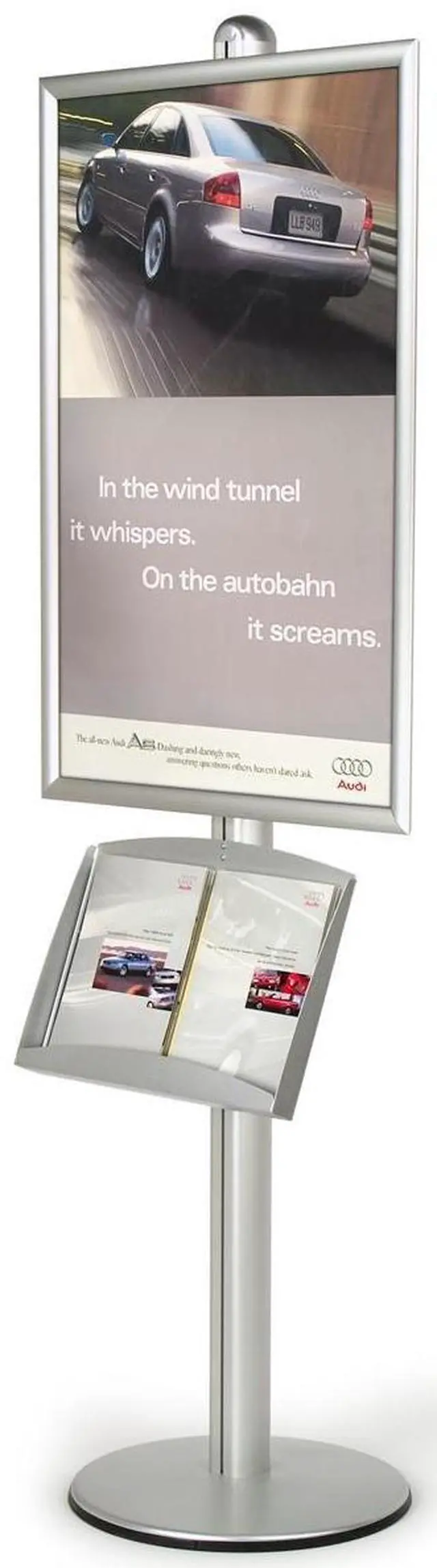 Main image of 24 x 36 Inch 6 Foot Floor-Standing Sign Stand with Hinged Front-Loading Frame and Steel Brochure Tray, Round Base Aluminum (BP2436LH)