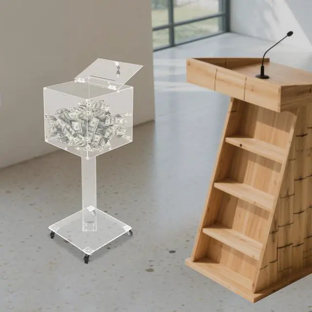 Alt view image 3 of 7 - Acrylic Suggestion Box with Lock, Floor Standing Ballot Box, 14x14 Inch Clear Acrylic Donation Box with Wheels & Bar Hole Shape, Feedback Box for Office, Church, Restaurant, Hotel, Event