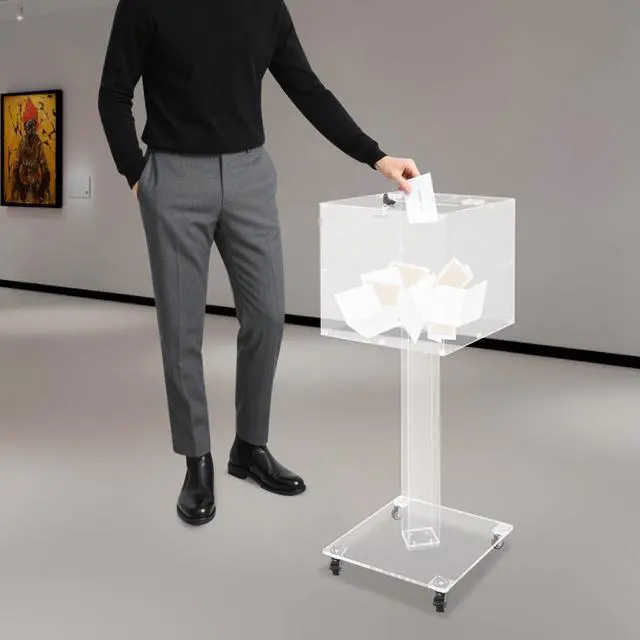 Alt view image 7 of 7 - Acrylic Suggestion Box with Lock, Floor Standing Ballot Box, 14x14 Inch Clear Acrylic Donation Box with Wheels & Bar Hole Shape, Feedback Box for Office, Church, Restaurant, Hotel, Event