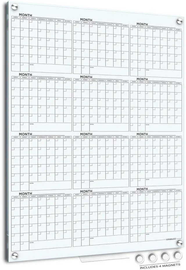 Main image of Magnetic 34"x46" Glass Whiteboard Yearly Calendar Planner White Board Dry Erase Board for Wall Monthly Glass Calendar Whiteboard Home Office Large Wall Planner
