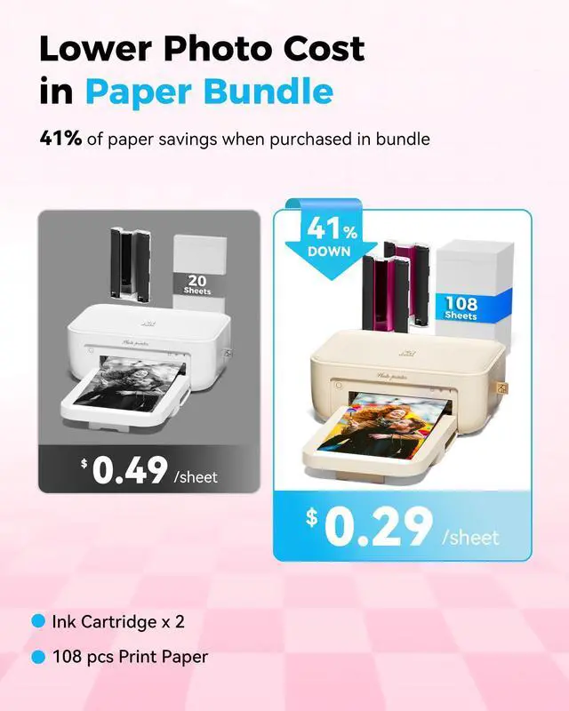 Alt view image 2 of 7 - 4x6 Photo Printer with 108 Sheets & 2 Ribbons - Dye Sublimation Wireless Portable Photo Printer for iPhone & Android Smartphones, Home & Travel Picture Printing, Ideal Gift, Beige