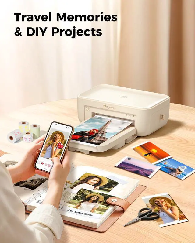 Alt view image 7 of 7 - 4x6 Photo Printer with 108 Sheets & 2 Ribbons - Dye Sublimation Wireless Portable Photo Printer for iPhone & Android Smartphones, Home & Travel Picture Printing, Ideal Gift, Beige