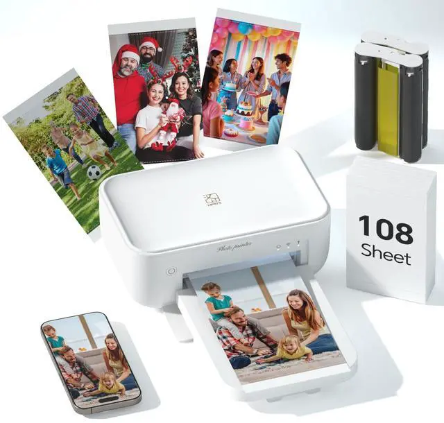 Main image of Photo Printer 4x6 with 108 Sheets & 2 Cartridges, Instant Picture Printer for iPhone & Android, Bluetooth Dye Sublimation Phone Photo Printer, Home Use, Ideal Gift, White