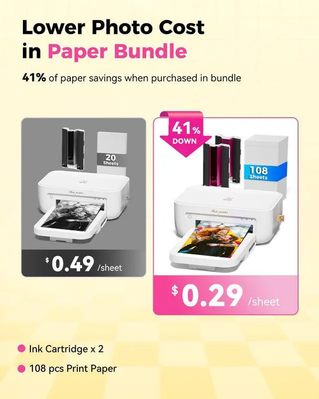 Alt view image 2 of 7 - Photo Printer 4x6 with 108 Sheets & 2 Cartridges, Instant Picture Printer for iPhone & Android, Bluetooth Dye Sublimation Phone Photo Printer, Home Use, Ideal Gift, White
