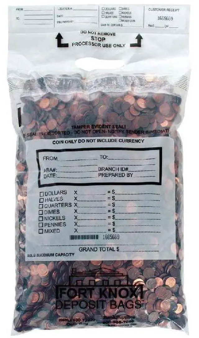 Main image of Poly Coin Bags | 13W x 22H | 250 Pack | Tamper Evident Seal | Single Handled | Holds up to 50 lbs. of Coin | Sequential Numbering & Tear Off Receipt