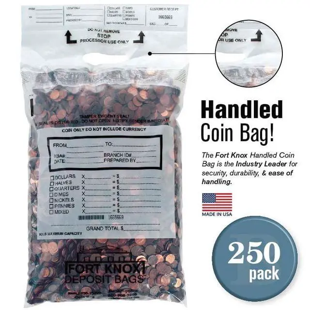 Alt view image 2 of 5 - Poly Coin Bags | 13W x 22H | 250 Pack | Tamper Evident Seal | Single Handled | Holds up to 50 lbs. of Coin | Sequential Numbering & Tear Off Receipt