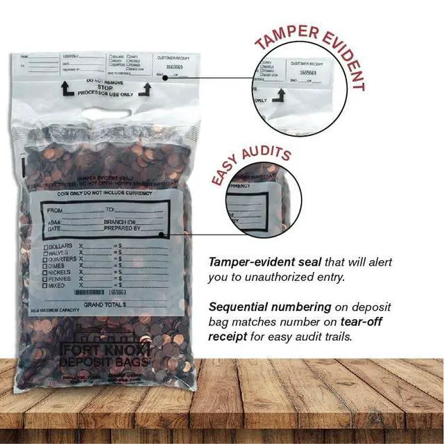 Alt view image 5 of 5 - Poly Coin Bags | 13W x 22H | 250 Pack | Tamper Evident Seal | Single Handled | Holds up to 50 lbs. of Coin | Sequential Numbering & Tear Off Receipt