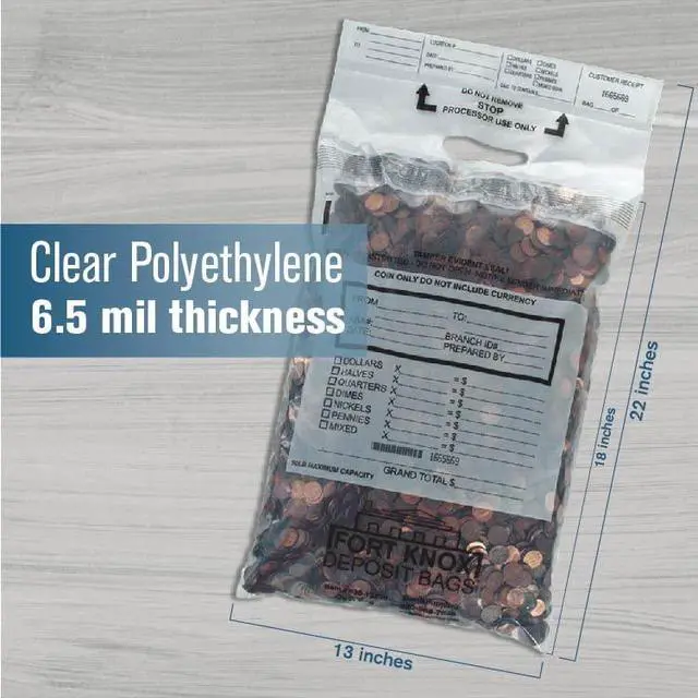 Alt view image 4 of 5 - Poly Coin Bags | 13W x 22H | 250 Pack | Tamper Evident Seal | Single Handled | Holds up to 50 lbs. of Coin | Sequential Numbering & Tear Off Receipt