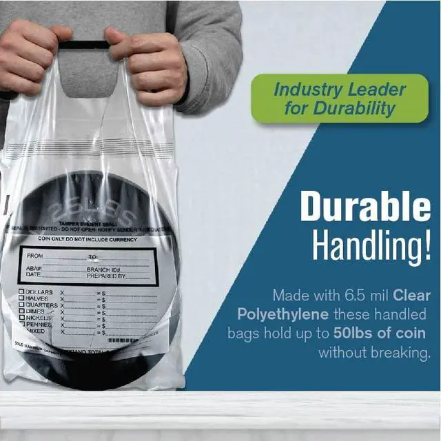 Alt view image 3 of 5 - Poly Coin Bags | 13W x 22H | 250 Pack | Tamper Evident Seal | Single Handled | Holds up to 50 lbs. of Coin | Sequential Numbering & Tear Off Receipt