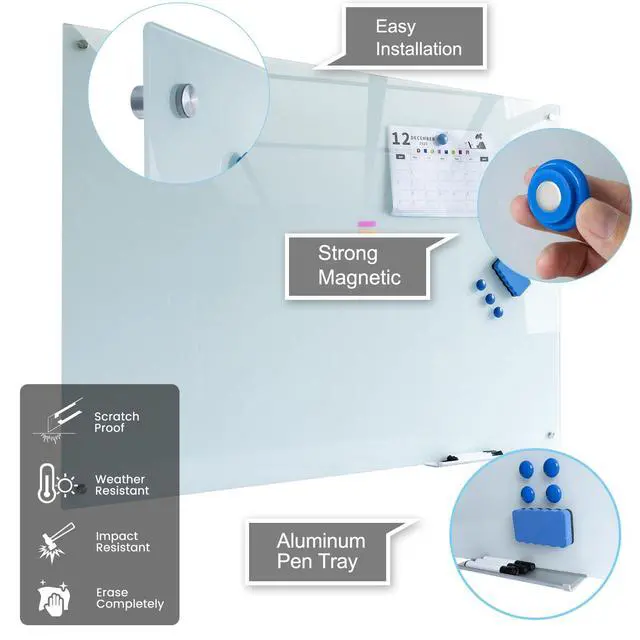 Alt view image 2 of 6 - Magnetic Glass Whiteboard 40"x60" Premium Tempered Dry Erase Board Wall Mounted Frameless Whiteboard Bulletin Message Boards (White)