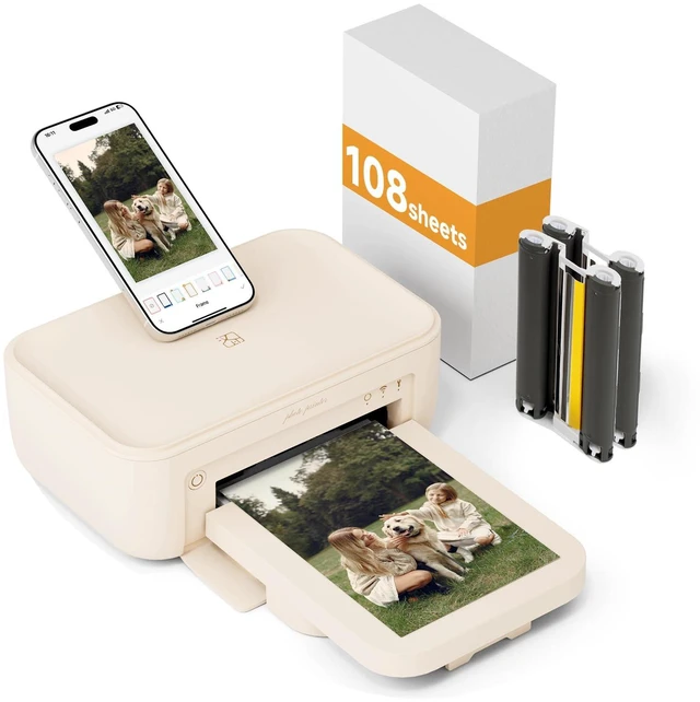 Main image of Photo Printer 4×6+108 Sheets Photo Paper & 2 Ribbon, Wi-Fi Full-Color Instant Phone Photo Printer for iPhone, Android, Smartphone, Thermal Dye-Sublimation Impresora De Fotos for Home Use
