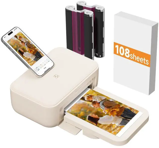 Main image of 4x6 Photo Printer & 108 Sheets Photo Paper & 2 Ribbons, Full Color Instant Picture Printer for Phone/Laptop/Home Use, Wi-Fi Connection, Thermal-Sublimation, 15s AR Video Printing, Beige